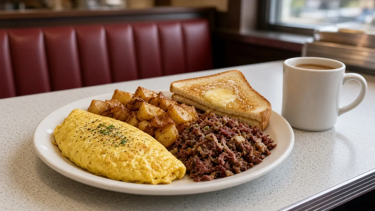 A diner plate with a folded omelet, crispy home fries, corned beef hash and buttered toast next to a mug of coffee